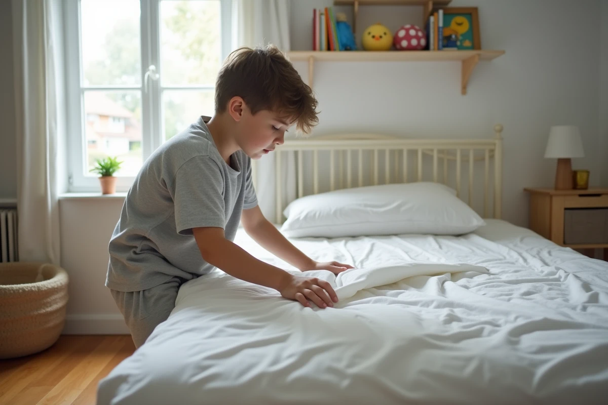Adolescent pliant un drap blanc dans une chambre lumineuse