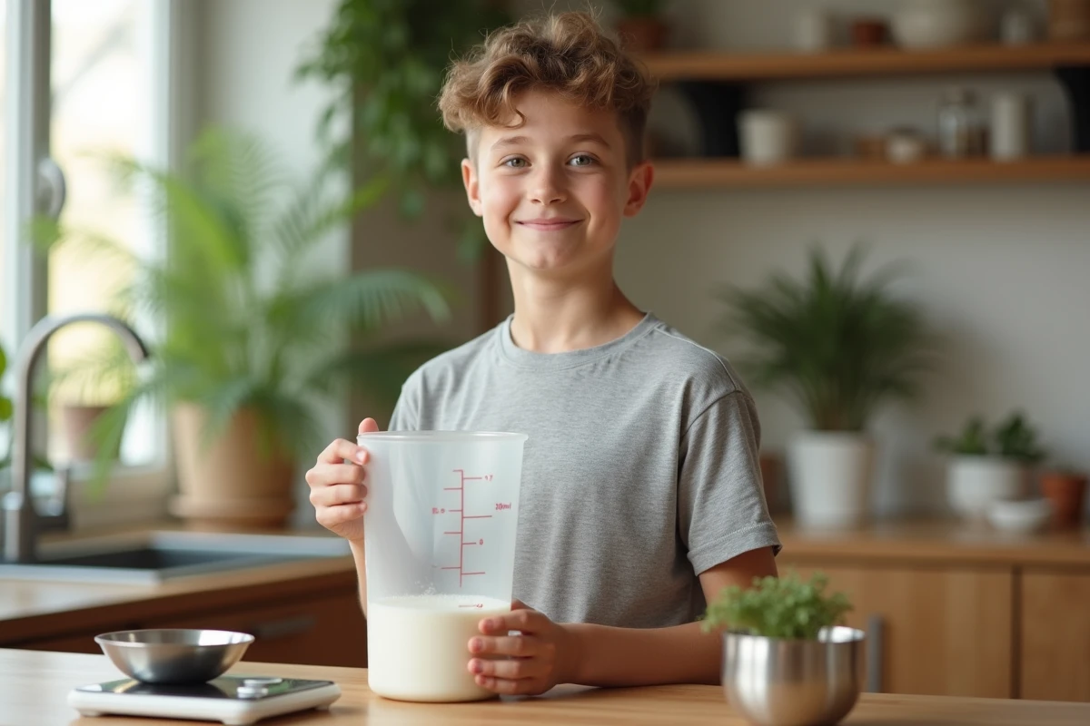 Adolescent souriant avec un verre doseur dans la cuisine