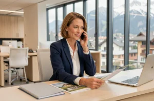 Agente immobilière suisse au téléphone dans un bureau moderne pour renseigner un client sur un projet immobilier