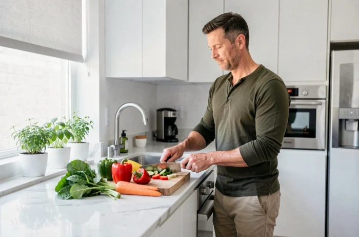 Homme préparant un repas sain à base de légumes frais dans une cuisine moderne pour soutenir son bien-être et sa santé au quotidien