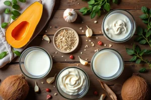 Alternatives végétales à la noix de coco pour plats salés : crème d'avoine, crème de cajou et lait de soja dans des bols en céramique sur une table en bois rustique