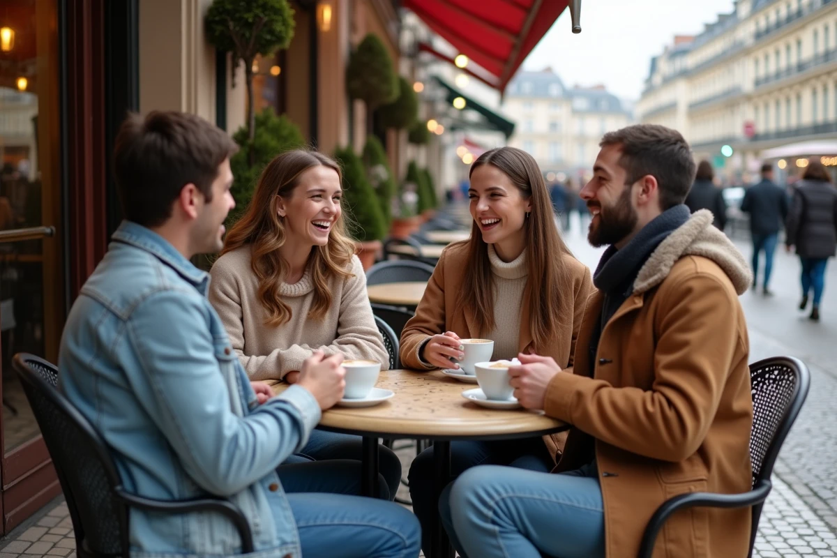 Groupe d amis souriants autour d un café à Paris