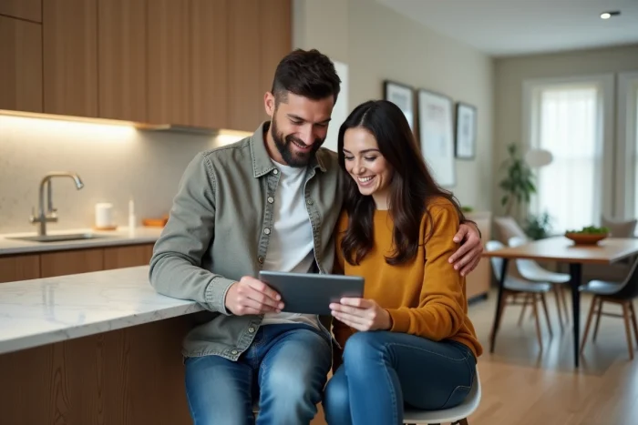 Deux amis consultant un site de streaming sportif sur une tablette dans une cuisine moderne