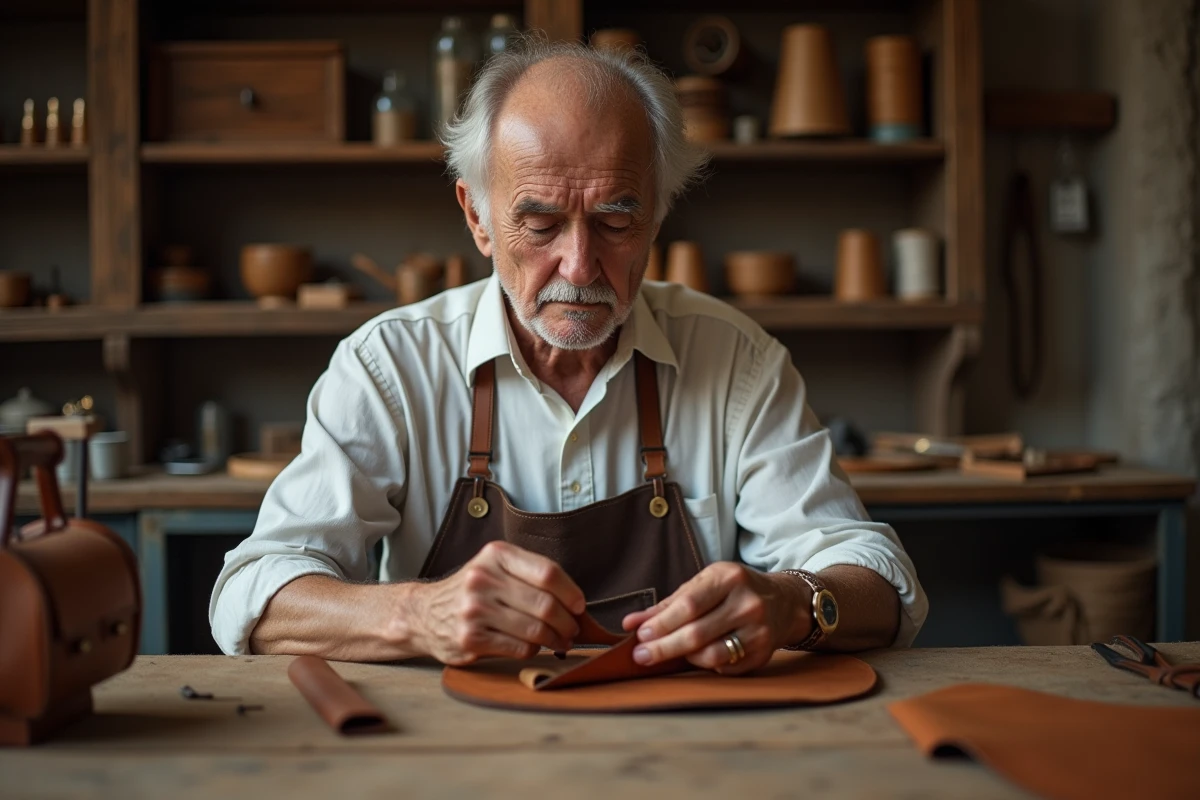 Artisan cuir travaillant à la main dans son atelier traditionnel