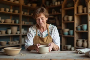 Femme bretonne créant une poterie artisanale