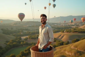 Homme tunisien souriant dans un ballon en vol
