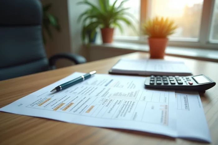 Gros plan sur un bon de réduction immédiate posé sur un bureau comptable avec calculatrice et documents