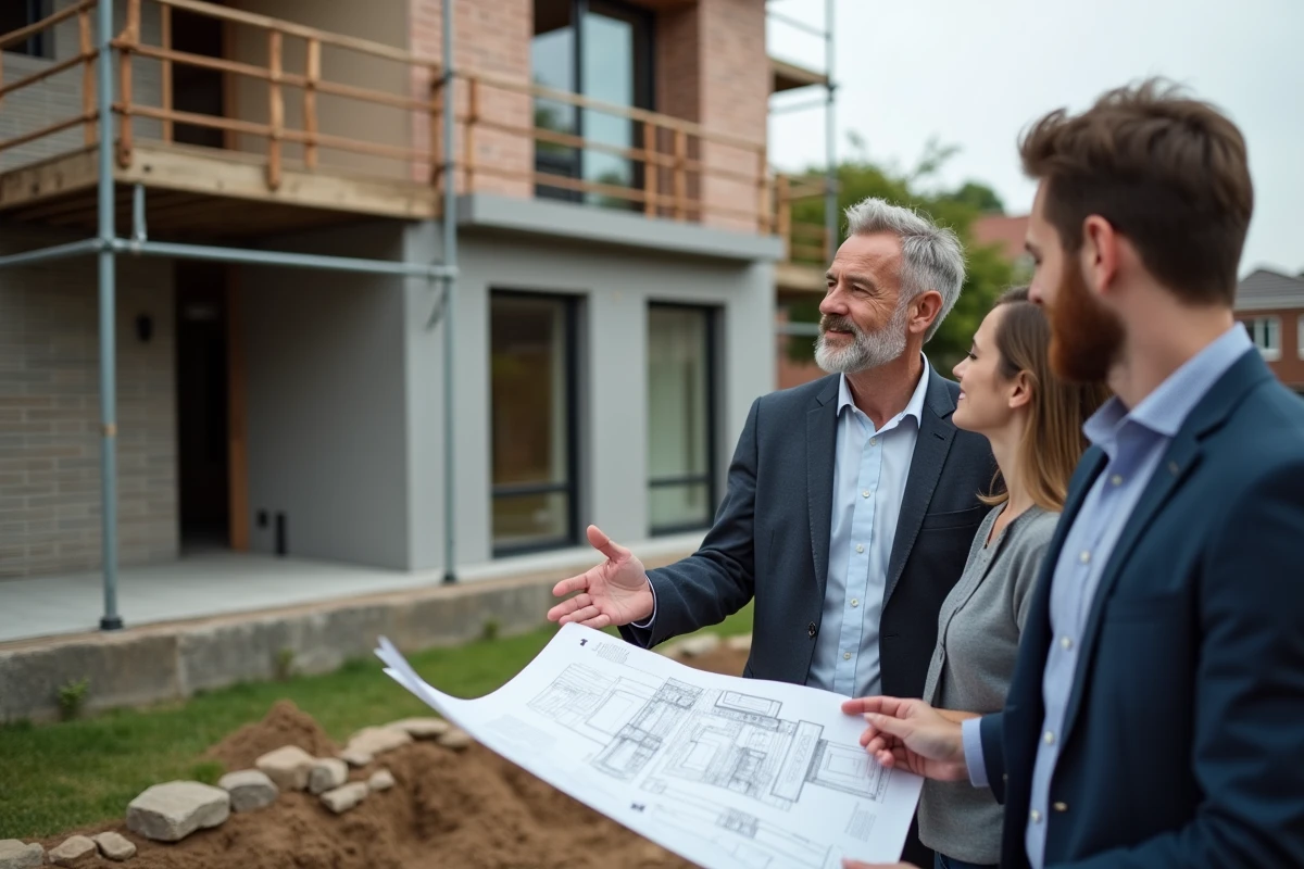 Architecte et couple examinant plans sur un chantier immobilier