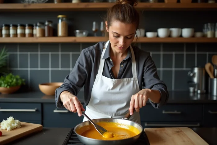 Cheffe cuisinière préparant une sauce curry sans noix de coco à base de crème de cajou dans une cuisine professionnelle