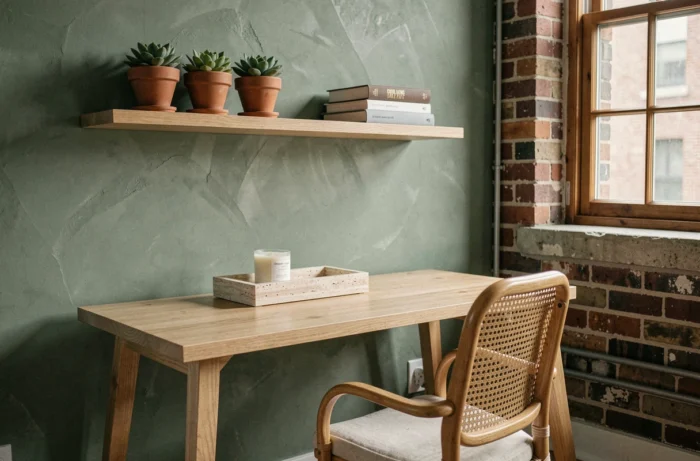 Coin bureau à domicile avec bureau en chêne, mur vert sauge et décorations en rotin et terracotta, tendances déco intérieur