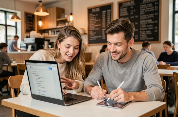 Deux personnes collaborant pour apprendre à coder un site web dans un café