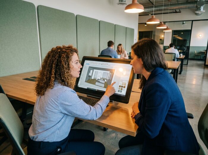 Deux étudiantes en master d'architecture d'intérieur collaborant sur un logiciel de rendu 3D dans un espace de coworking