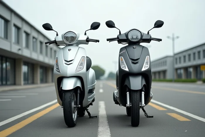 Comparaison côte à côte d'un scooter 49cc classique et d'un scooter 50cc moderne garés dans un parking, mettant en évidence leurs différences de design