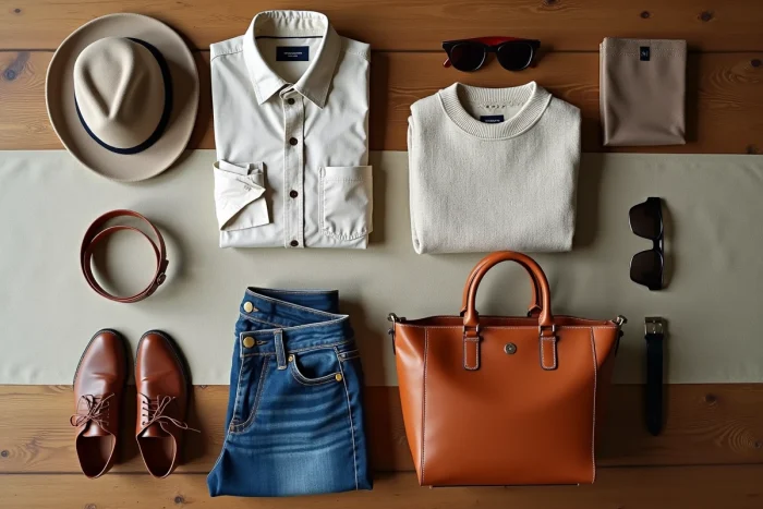 Vue à plat séparant des vêtements et des accessoires de mode sur une table en bois, pour illustrer leurs différences de catégorie