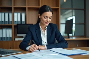 Comptable en entreprise analysant des bons de réduction et des factures sur un bureau professionnel