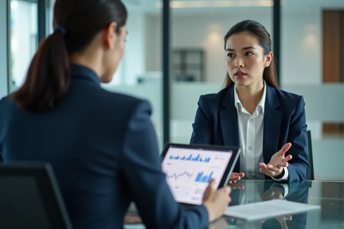 Femme consultant un conseiller financier en agence bancaire, discutant de solutions patrimoniales et d'optimisation de gestion financière