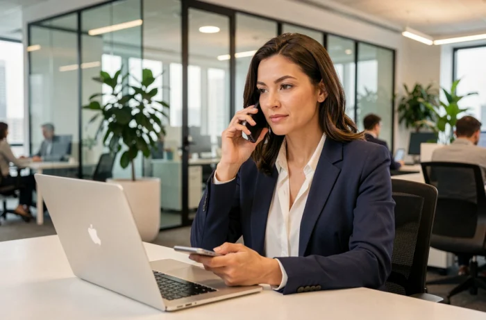 Femme professionnelle contactant une équipe financière par téléphone dans un bureau moderne