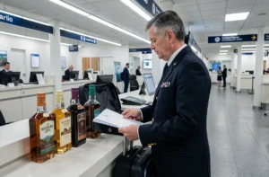 Agent des douanes vérifiant des bouteilles d'alcool importées de Maurice à un comptoir d'aéroport