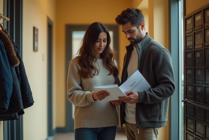 Couple examinant leur courrier et bail devant leur boîte aux lettres pour justifier leur occupation de logement