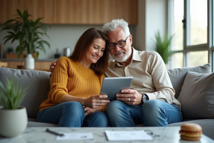 Couple consultant une application de gestion financière sur tablette à domicile, illustrant la planification patrimoniale et les solutions bancaires numériques