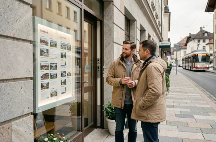 Couple consultant les annonces immobilières en vitrine d'une agence en Suisse avant de prendre contact
