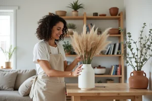 Femme arrangeant des herbes de pampa dans un vase en céramique dans un salon scandinave décoré avec des étagères en bois et des plantes séchées
