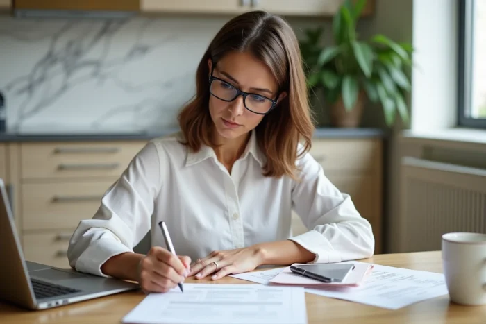 Propriétaire immobilière étudiant les démarches de prolongation d'un investissement Pinel sur 12 ans à son domicile
