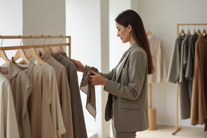Femme en boutique comparant un foulard en soie à des vêtements suspendus, illustrant la distinction entre accessoires et vêtements