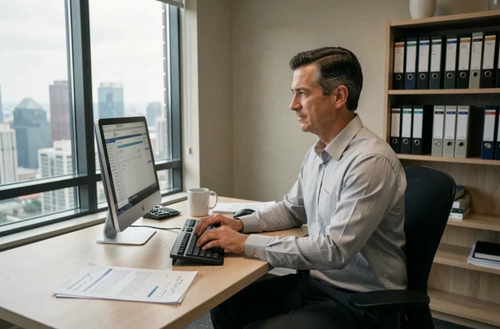 Homme d'affaires envoyant un email à une équipe de finance depuis son bureau privé