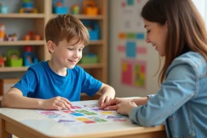 Garçon de 7 ans avec thérapeute en classe