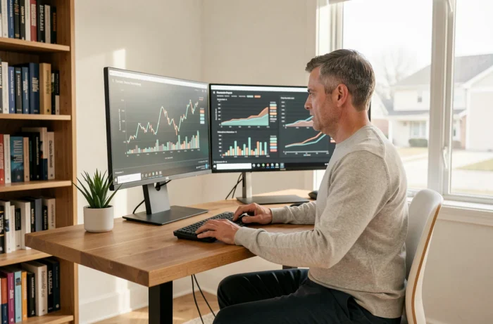 Homme d'affaires travaillant depuis son bureau à domicile sur des graphiques de performance business sur double écran, symbolisant les nouvelles tendances entrepreneuriales de 2024