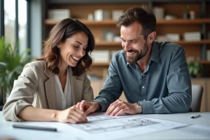 Femme souriante discutant plans architecturaux avec un architecte