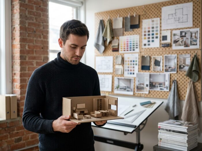 Étudiant en architecture d'intérieur en formation à distance présentant une maquette dans son atelier personnel