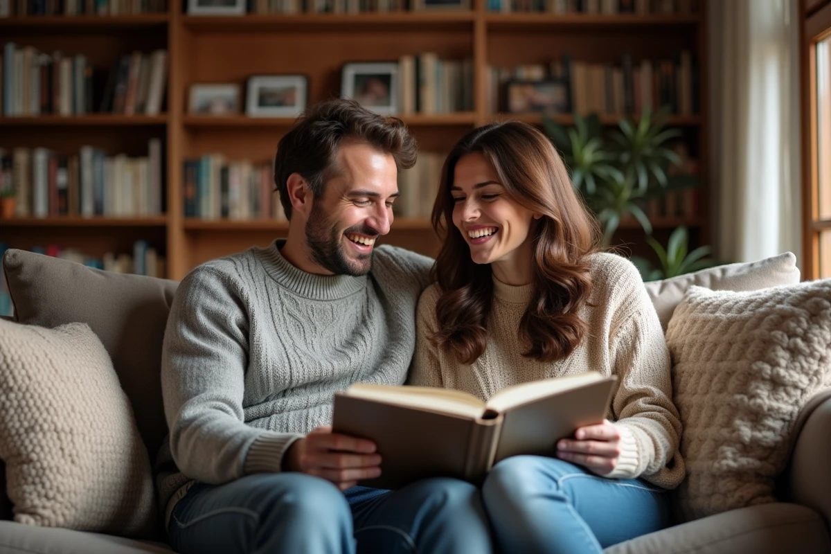 Fabrice Drouelle et sa partenaire rient avec album photo dans salon