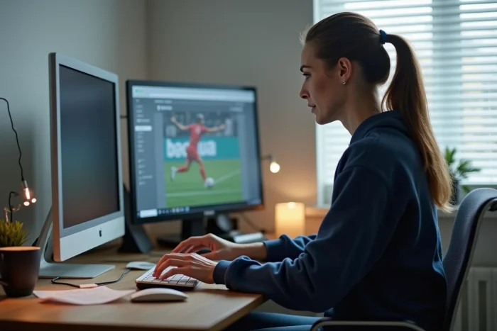 Femme utilisant un ordinateur de bureau pour accéder à une plateforme de streaming sportif dans un bureau à domicile