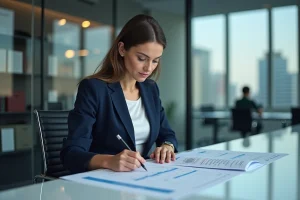 Femme d affaires en costume analyse des rapports financiers