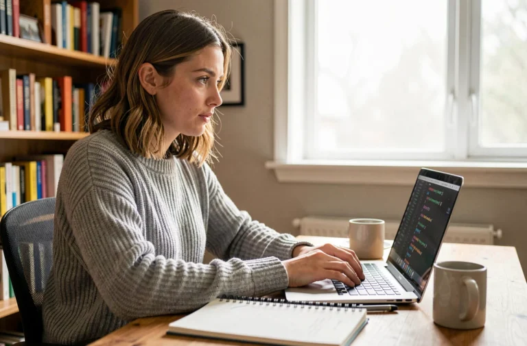 Jeune femme apprenant à coder un site web sur son ordinateur portable dans un bureau à domicile