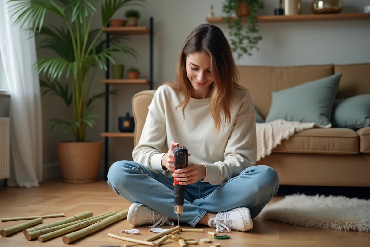 Jeune femme utilisant une perceuse pour fixer bambou en intérieur