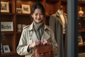 Femme élégante dans une boutique parisienne avec sac en cuir