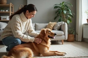 Femme en pull câblé brossant un chien doré dans un salon calme