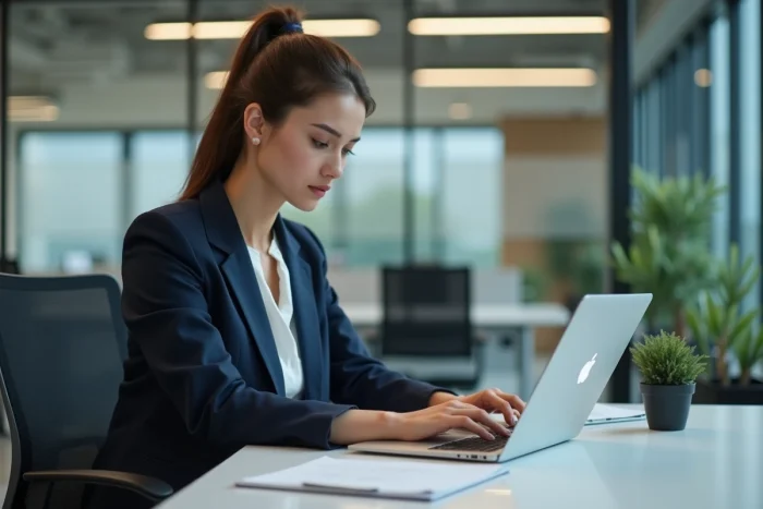 Femme en bureau moderne travaillant sur son ordinateur