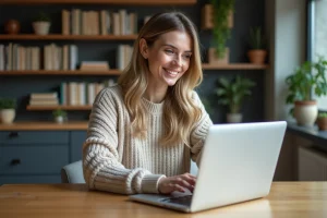 Femme souriante utilisant un ordinateur portable dans une cuisine moderne