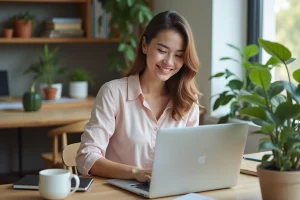 Femme travaillant sur son ordinateur dans un bureau cosy