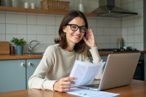 Femme d'une quarantaine assise à une table de cuisine moderne