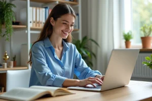Femme souriante travaillant sur son ordinateur dans un bureau lumineux