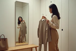 Femme dans une cabine d'essayage Zara comparant deux tailles de vêtements devant un miroir