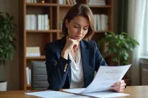 Femme consultant un contrat d'assurance Prévilion à son bureau à domicile