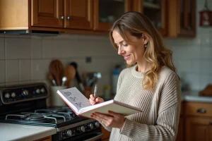 Femme lisant un livre de cuisine dans une cuisine chaleureuse