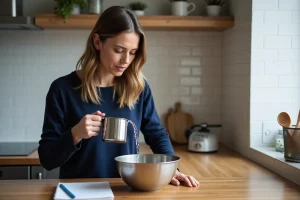 Femme versant de l'eau dans un bol en cuisine moderne