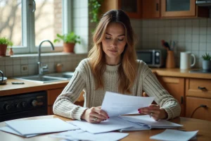 Femme organisant des documents officiels et factures pour prouver l'occupation de son logement